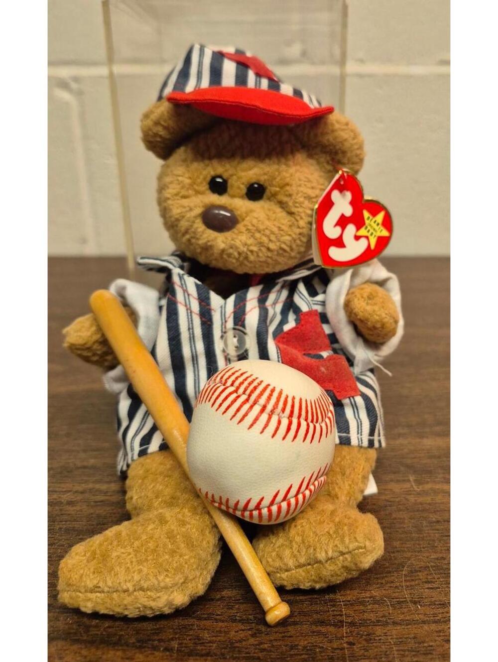 Vintage Ty Beanie Baby Baseball Bear Plush Toy in Display Case
